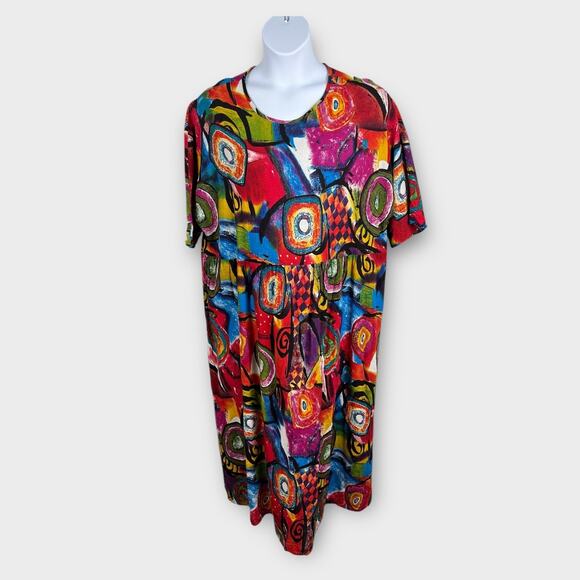 Plus Size Abstract Print Cotton Short Sleeve Colorful Funky 5XL Maxi Dress - Picture 1 of 6